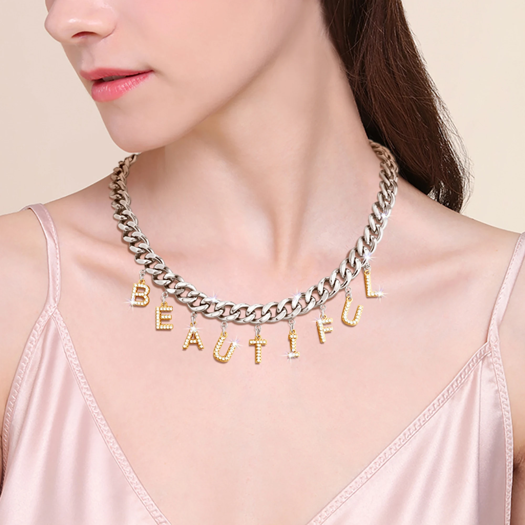 

Custom Name Necklace Personalized Letter Pendant Nameplate Cuban Pave Crystal Letter Chain Necklaces Stainless Steel Jewelrly