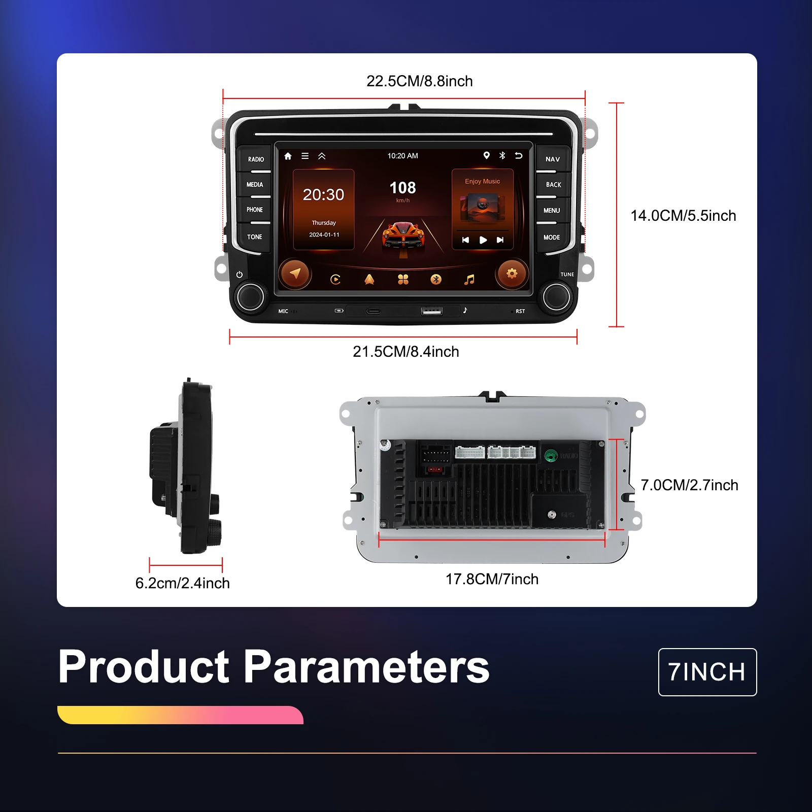 Podofo 2+64G Radio Kabelloses CarPlay für Apple für VW Android Auto Autoradio GPS FM/RDS Stereo WLAN BT Multimedia-Stereoanlage – Detail 18