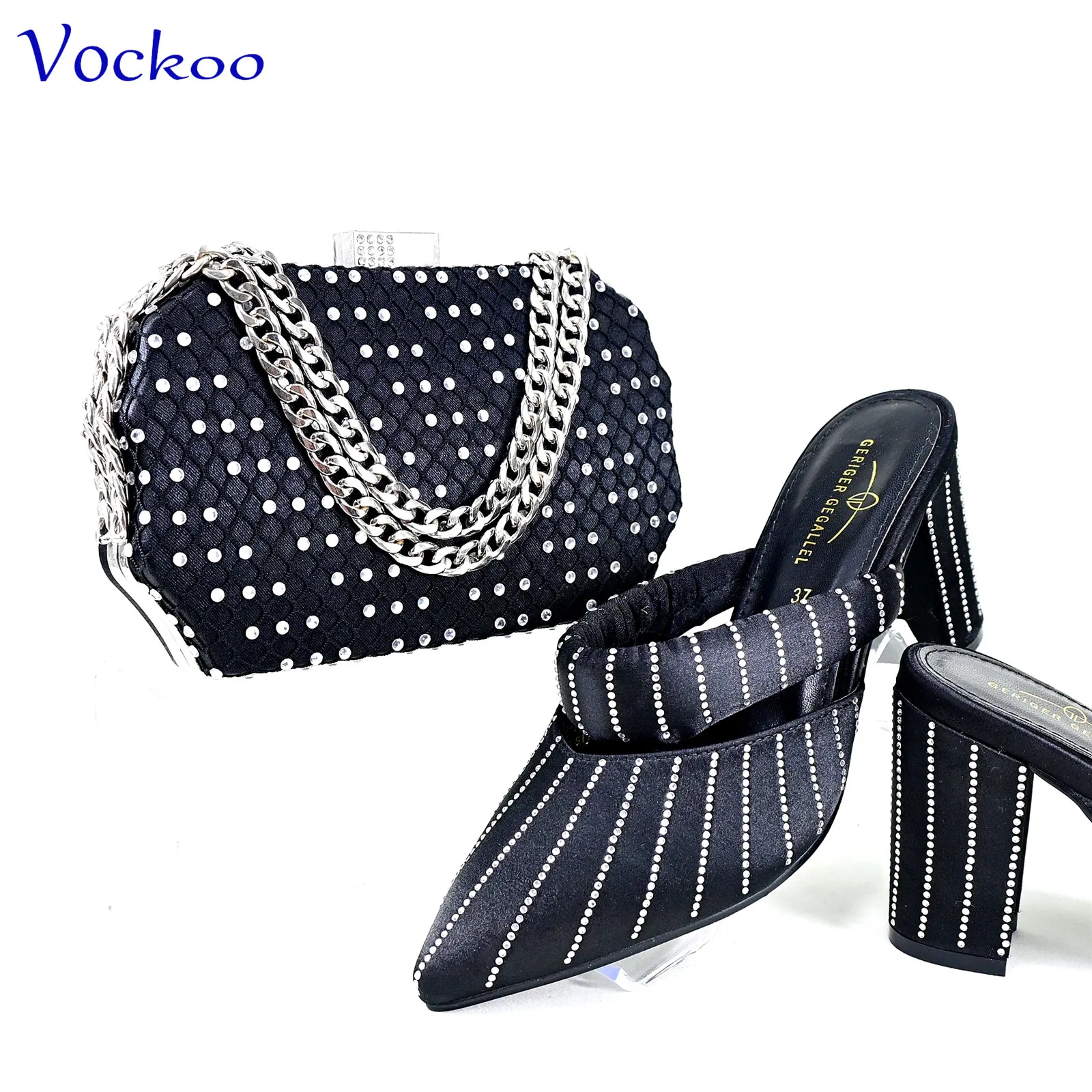 Wedding Party New Arrivals Italian Design Shoes and Bag Set in Black Color 2024 INS Hot Sale Pointed Toe with Crystal for Dress