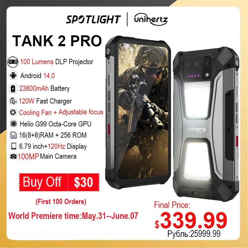Unihertz Tank 2 PRO 8849 Rugged  with Projector 2.4K 23800 mAh 16GB+256GB Android 14 100MP NFC 120W Helio G99 Octa Core Dual SIM