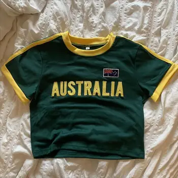 Summer Green T-shirt Women Australia Letter Print Crop Tops Casual Short Sleeve Retro Tees Y2k Clothes Punk Aesthetic Streetwear 1