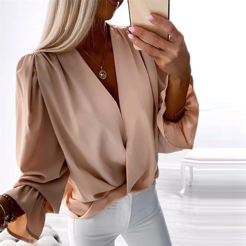 

New Female Elegant Long Sleeve Solid Color Blouses Women Casual Harajuku Tops Blusa Office Fashion Deep V-Neck Loose Shirts