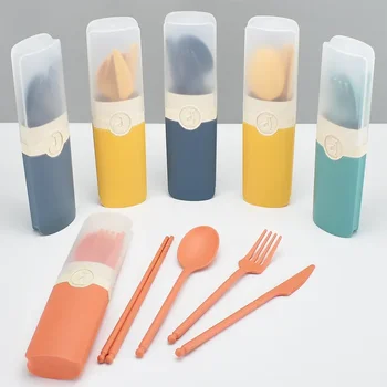 Bacchette da picnic portatili riutilizzabili cucchiaio forchetta da viaggio Set di posate da tavola in paglia di grano con scatola per il trasporto per l'ufficio degli studenti 1
