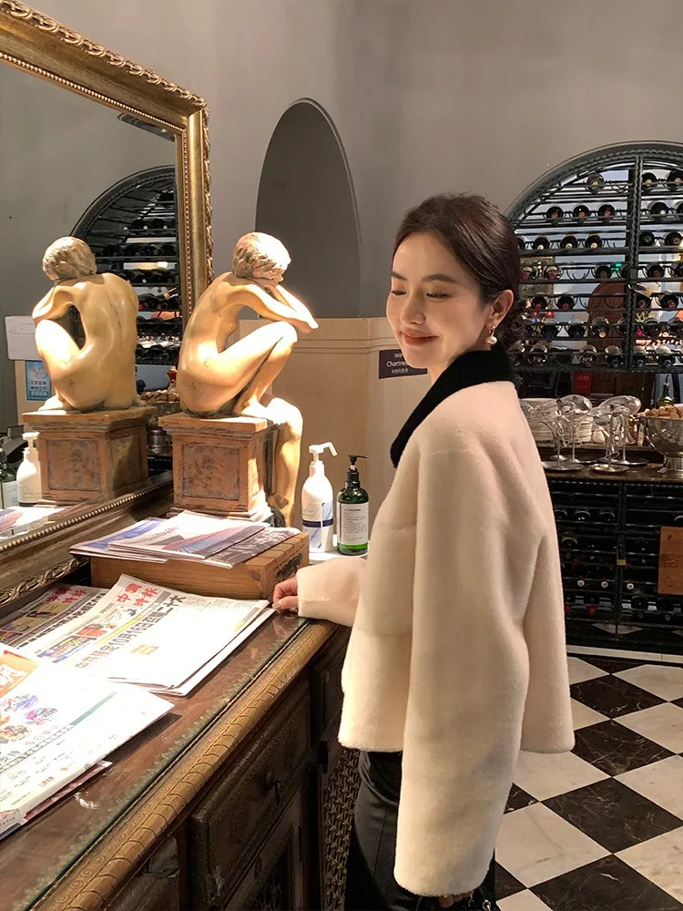 여성용 양모 원피스 모피 짧은 재킷, 라펠 인조 모피 코트, 여성 의류, 2023 가을 및 겨울 신상