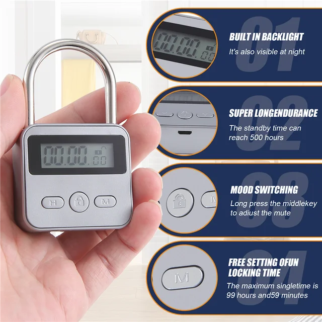 A41Z-Metal Timer Lock LCD Display Multi-Function Electronic Time 99 Hours Max Timing USB Rechargeable Timer Padlock 3