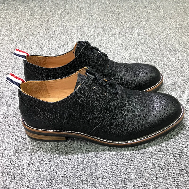 

TB TNOM Shoes Fashion Brand Footwear Solid Black Pebble Calfskin Long-wing Brogues Lace-up Business Boutique TB Leather Shoes