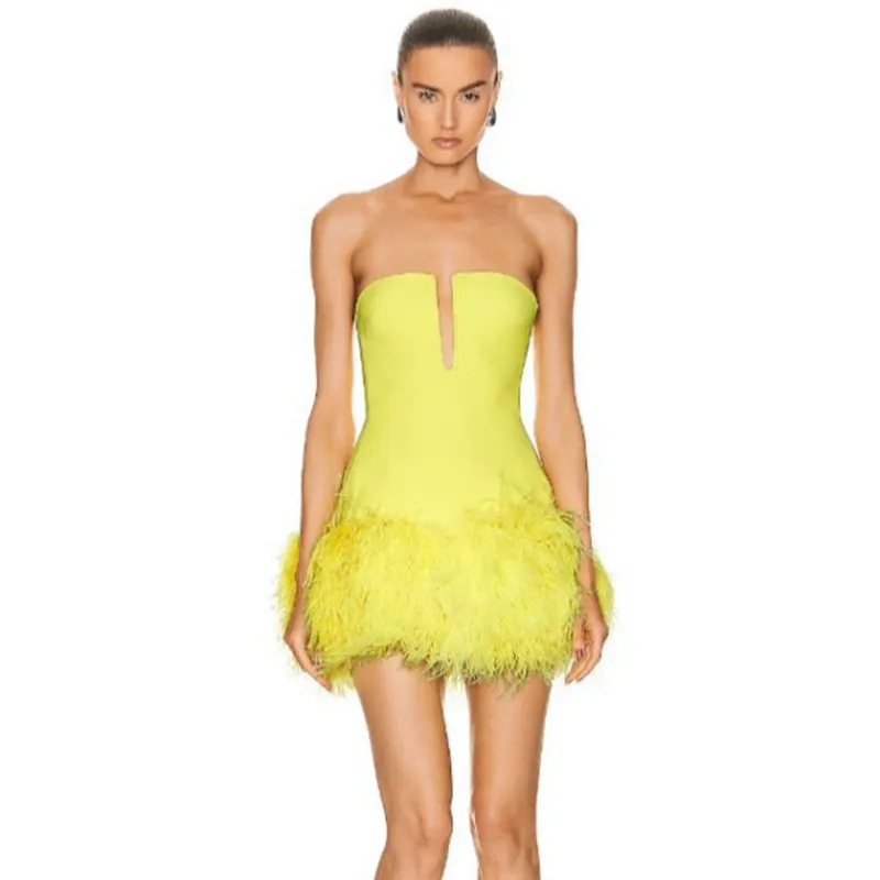 

Black Yellow Color Women Sexy Strapless Bodycon Mini Bandage Feathers Dress Cute Fashion Nightclub Party Celebrate Dress