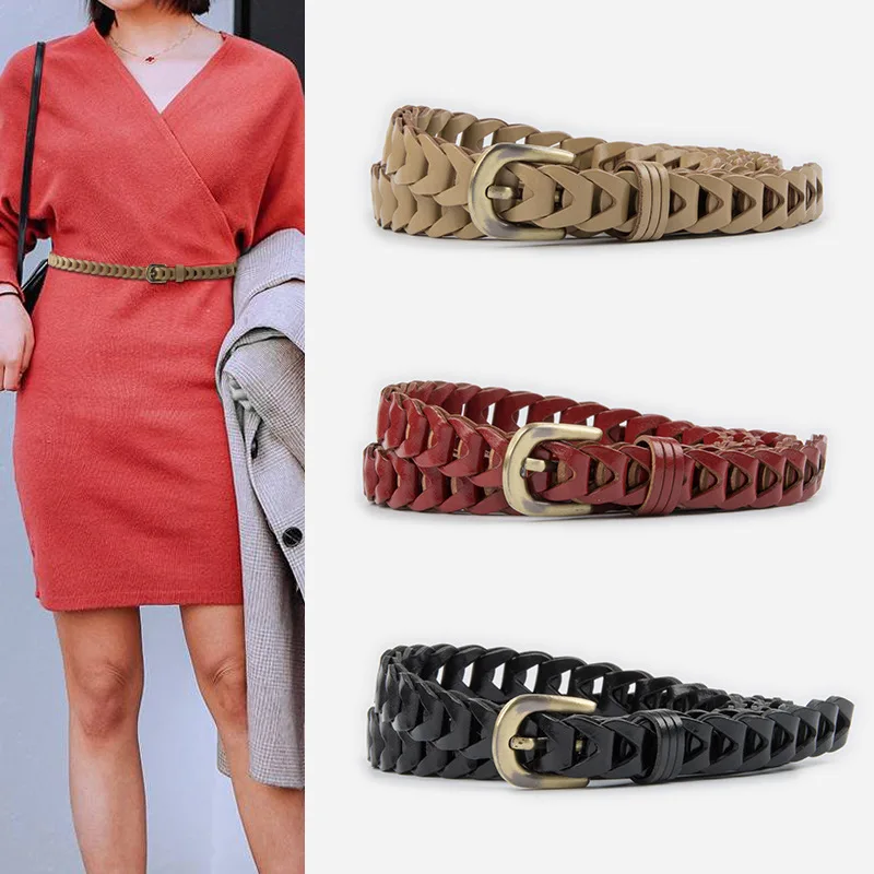 

Vintage Woven Leather Women's Belt Fashion Casual Accessories Jumper Skirt Jeans Belt Without Holes Solid Colour Belt