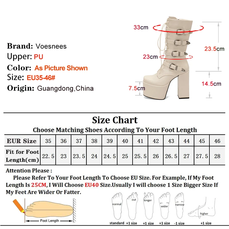 Autumn Winter Black Women Mid-Calf Boots Lace Up Four Rows Buckle Zipper Round Toe Thick Heels 14.5cm Platform 7.5cm Dance Boots