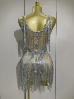 Sparkly Rhinestone Tassels Sexy Mesh Mini Dress 2025 Women Evening Birthday Party Dresses Nightclub Performance Stage Costume - Image 3