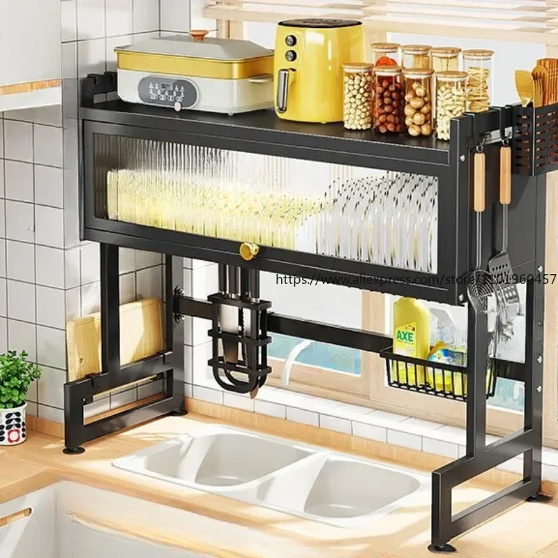 Cabinet Door Sink Shelf Kitchen Storage Shelves Seasoning Tableware Draining Dustproof Bowl Plate Organizer Kitchen Accessories 5