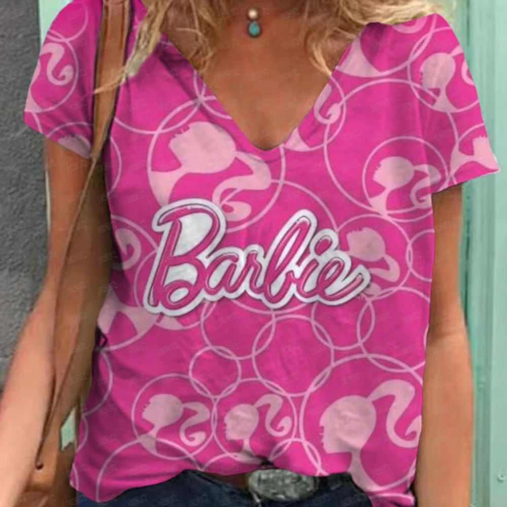 thumbnail image 1 of Camiseta de verano 2024 para mujer, camiseta de manga corta con cuello en V y estampado de princesa Barbie en 3D, camiseta de moda de talla grande para mujer, camiseta Y2k para mujer, 1 of 5