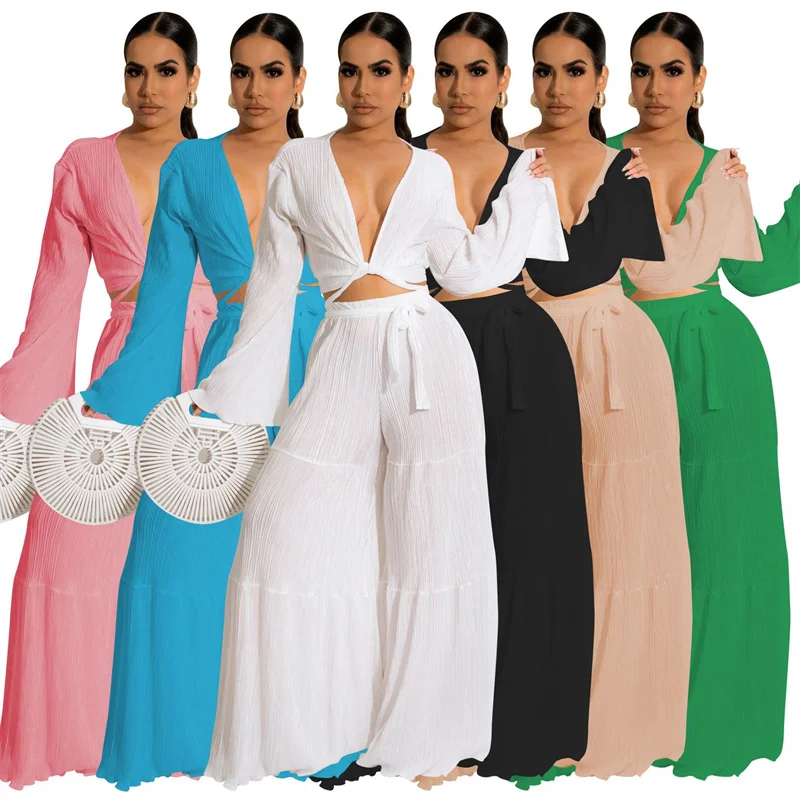 

Casual Elegant Womens Two Piece Sets Draped Flare Sleeve Shirt Tops and Wide Leg Pants Matching Sets Female Tracksuit Outfits