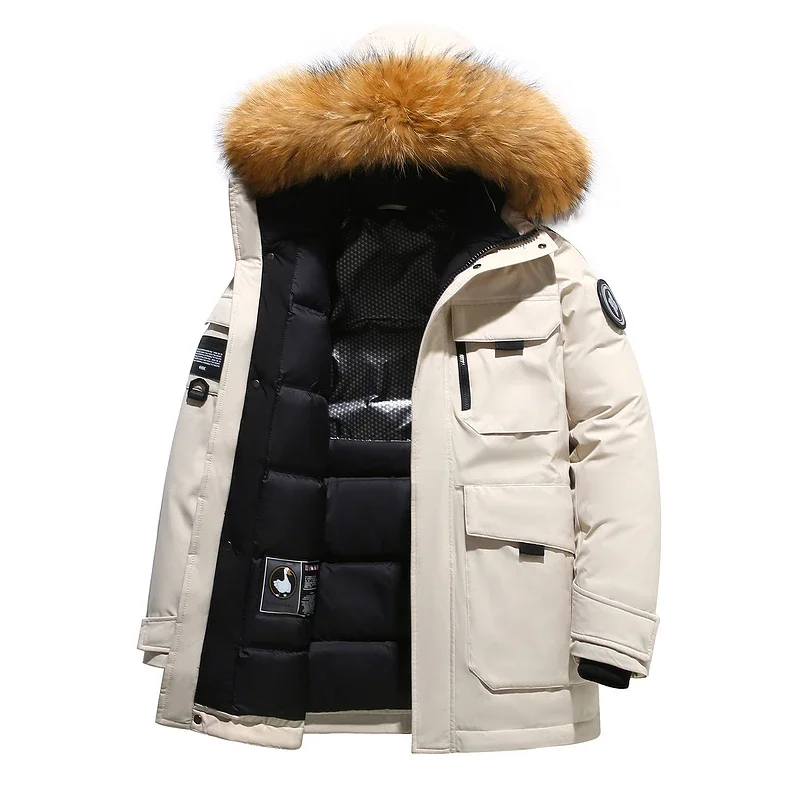 Winter Down Jacket Men's Lined White Duck Down Hooded Fur Collar Jacket Casual Fashion Thick Warm Embroidered Design Parka