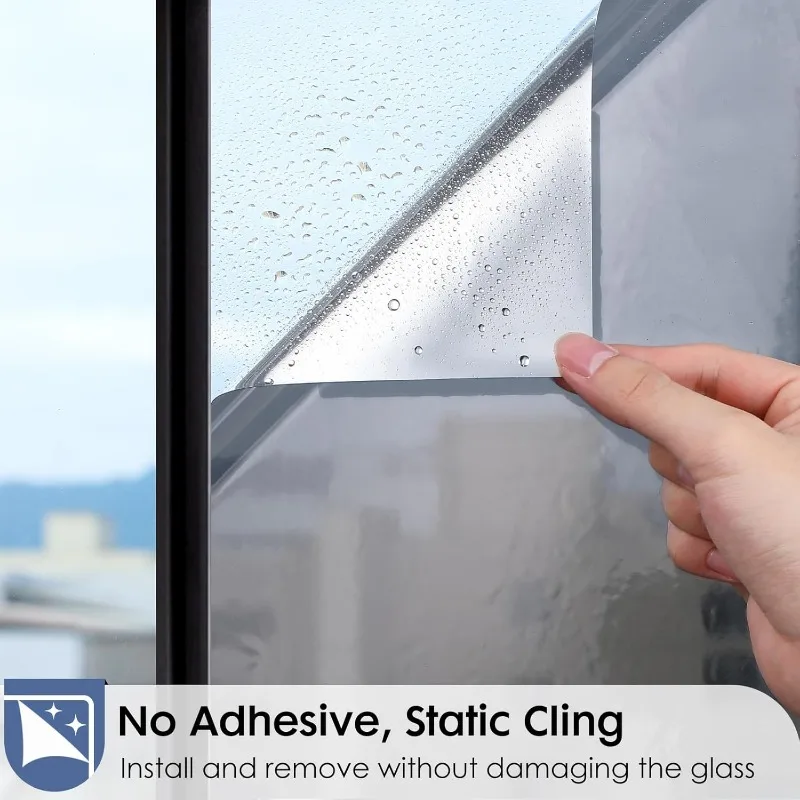 Silver Reflective Daytime Privacy Glass Film - Heat Control & Sun Blocking, Non-Adhesive Static Cling