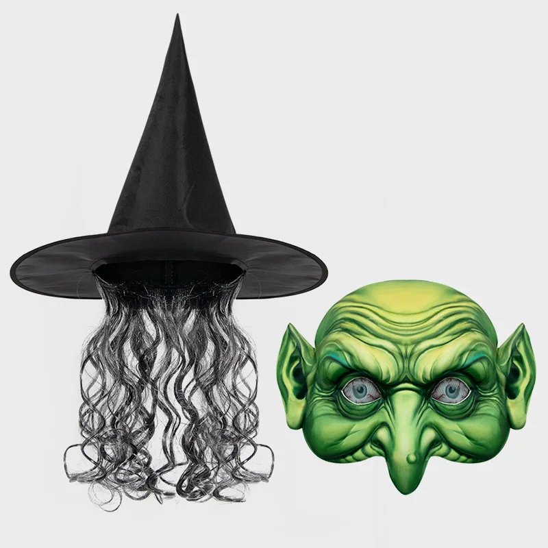 Accessori Cosplay Halloween: Maschera Strega Anziana In Lattice Con Capelli, Cappello Da Strega Nero E Mantello Lungo 140 Cm - Set Completo Spaventoso