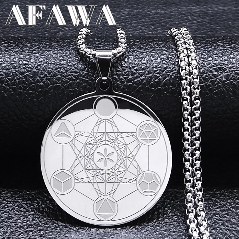 Collar con colgante de cubo de Metatrón de Arcángel para mujer y hombre, joyería de acero inoxidable, flor de la vida
