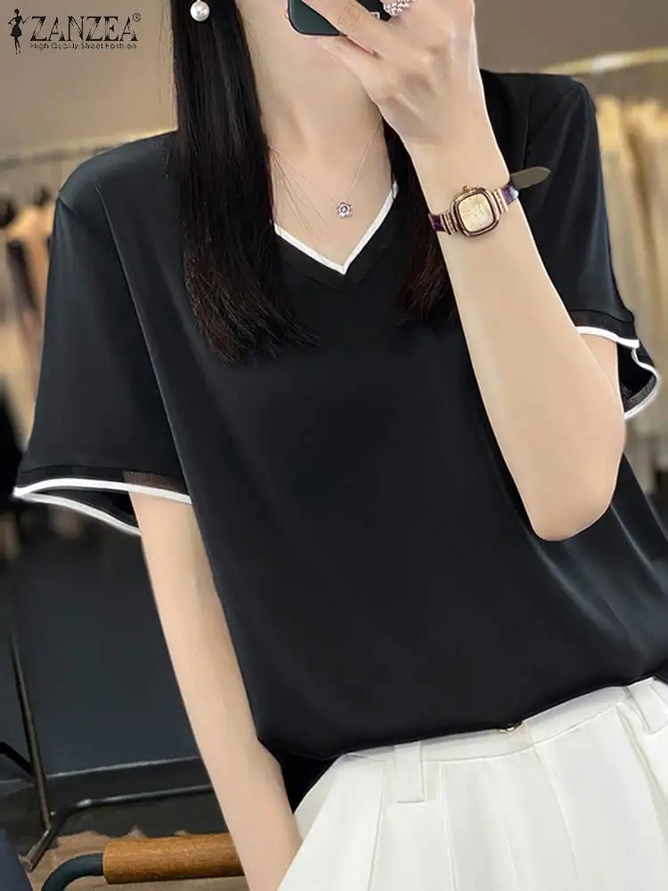 

Блузка ZANZEA женская с V-образным вырезом, модная Свободная Повседневная Туника с коротким рукавом, цветной топ в стиле пэчворк, лето 2024