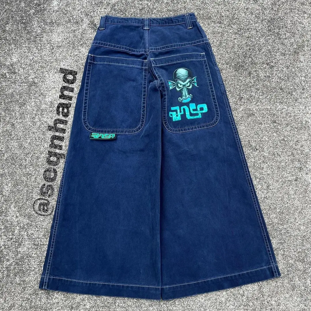 Casual jeans American large pocket skull print washed wide leg jeans Y2K hip hop street loose denim men's and women's trousers