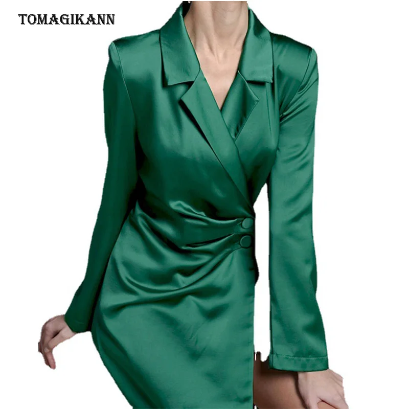 

Women Satin Shirt Dress 2022 Spring Notch Collar Long Sleeve Mini Dresses Office Lady Casual Elegant Vestidos