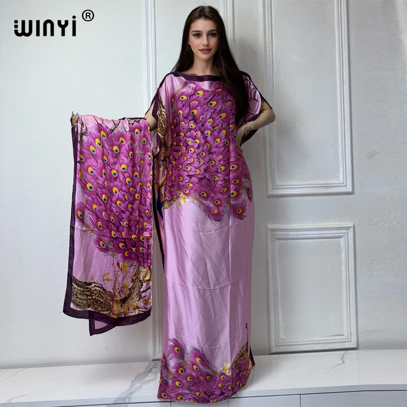 WINYI Africa summer kaftan with belt Women Classic peacock