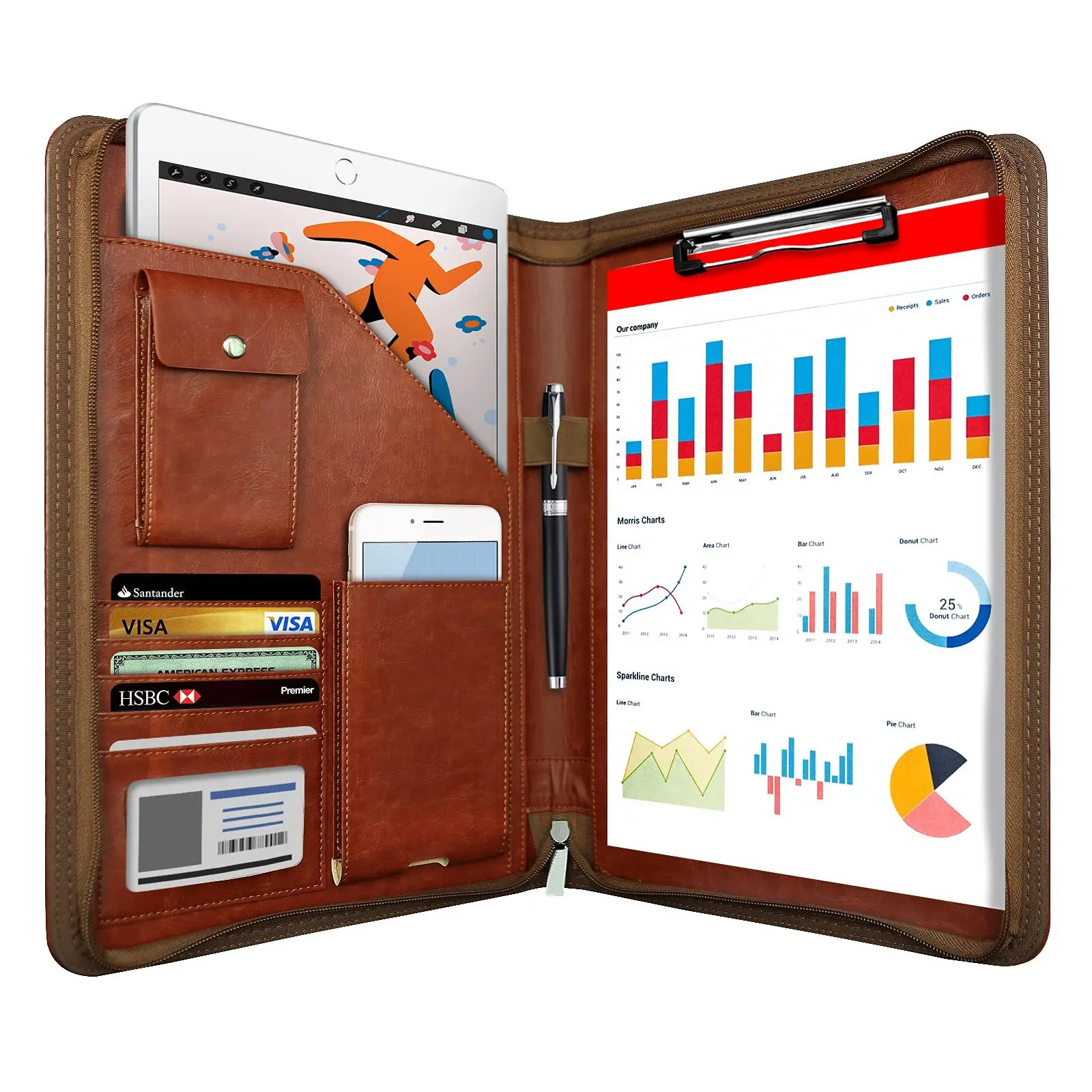 Multifunctional A4 Conference Folder Business Stationery Folder Leather Contract File Folders Zippered Organizer Card Holder