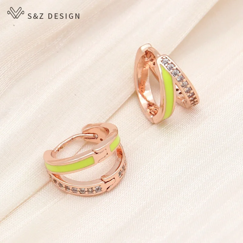 S&Z DESIGN New Fashion Luxury 585 Rose Gold Color Enamel Drop Earrings For Women Girl Wedding Jewelry Cubic Zirconia Eardrop