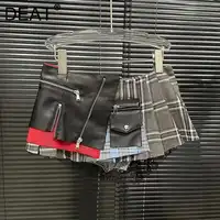 DEAT 2025 Summer New Patchwork Plaid Irregular Pleated Mini Skirt For Women Zipper Pockets Lace Design Skirts Female 29L7565