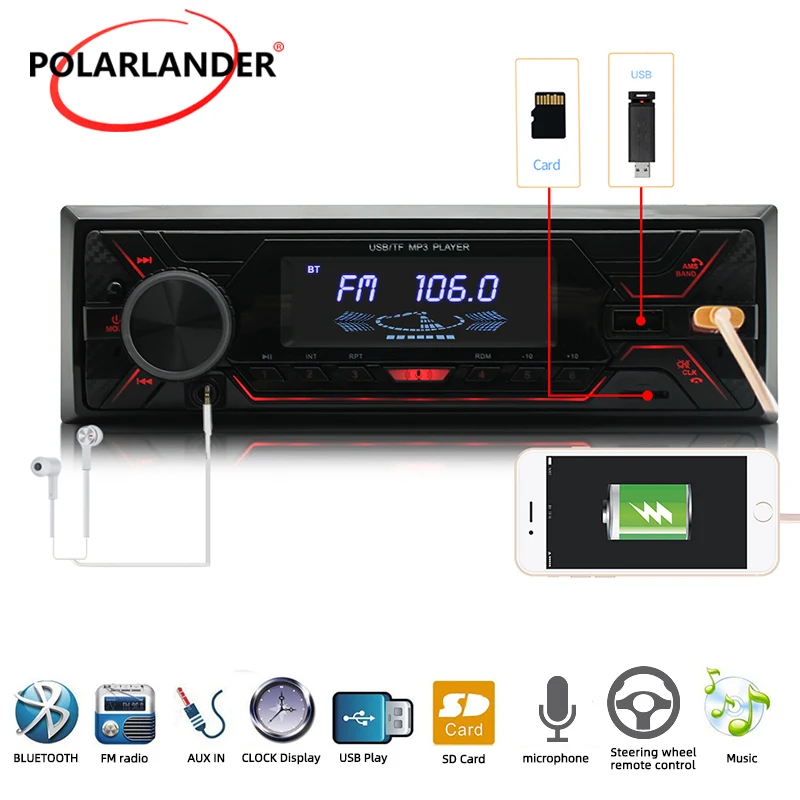 Polarlander 1 din rádio do carro 12v mp3 player duplo usb bluetooth microfone chamadas mãos