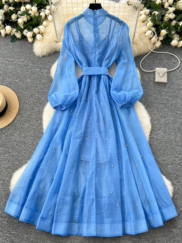 Luxury Women's rhinestone long shirt dress for women 2025 Spring summer  Beading Lantern sleeve maxi dresses with sashes 4D162 - AliExpress 200000345