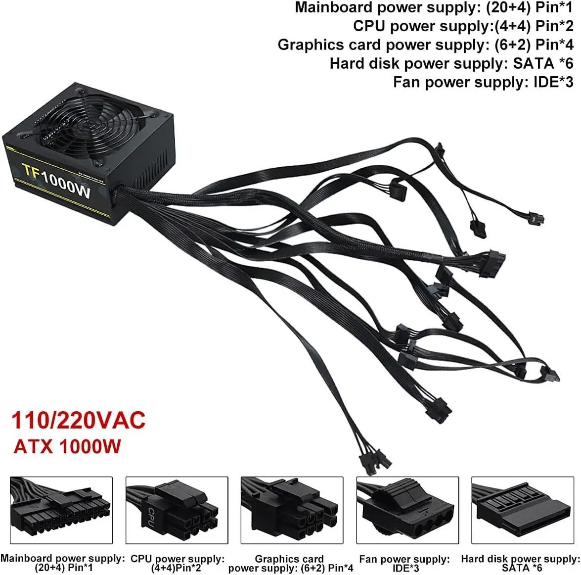 T.F.SKYWINDINTL 1000W 전원 공급 장치 전체 전압 100-240V 활성 PFC 게임 PSU 컴퓨터 전원 공급 장치 비모듈식 80 Plus Gold