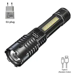 High Power Rechargeable LED Flashlight with Side Light (Black - 1pc - EU plug)