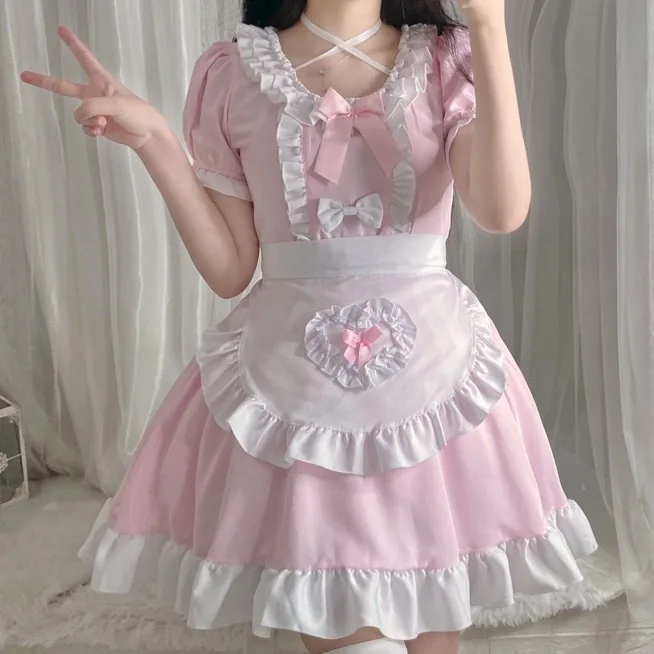 S-2XL Anime Lolita Dress Cafe Costumes Pink Maid Dress Lolita Sets Cosplay Maid Restaurant Cute Girl Kawaii Outfit