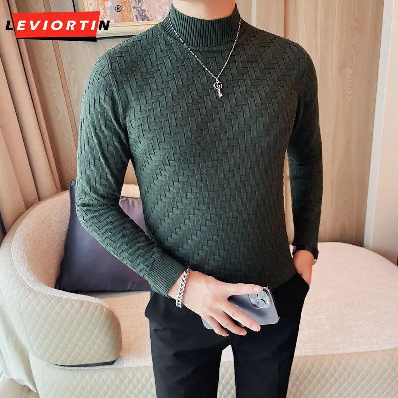 

Men's autumn new woven feeling half high collar jacquard woven sweater new long sleeved Korean slim fit pullover sweater S-5XL