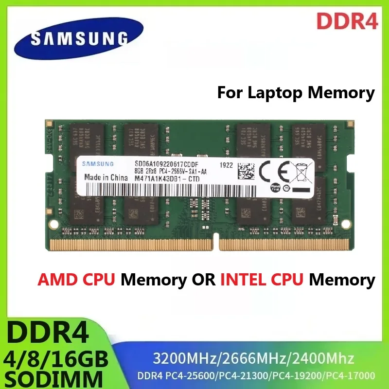 זיכרון למחשב נייד SAMSUNG DDR4 SODIMM RAM עבור מעבד Intel או מעבד AMD 4GB 8GB 16GB 3200 2666 2400 Ram זיכרון למחשב נייד ביצועים גבוהים Memoria