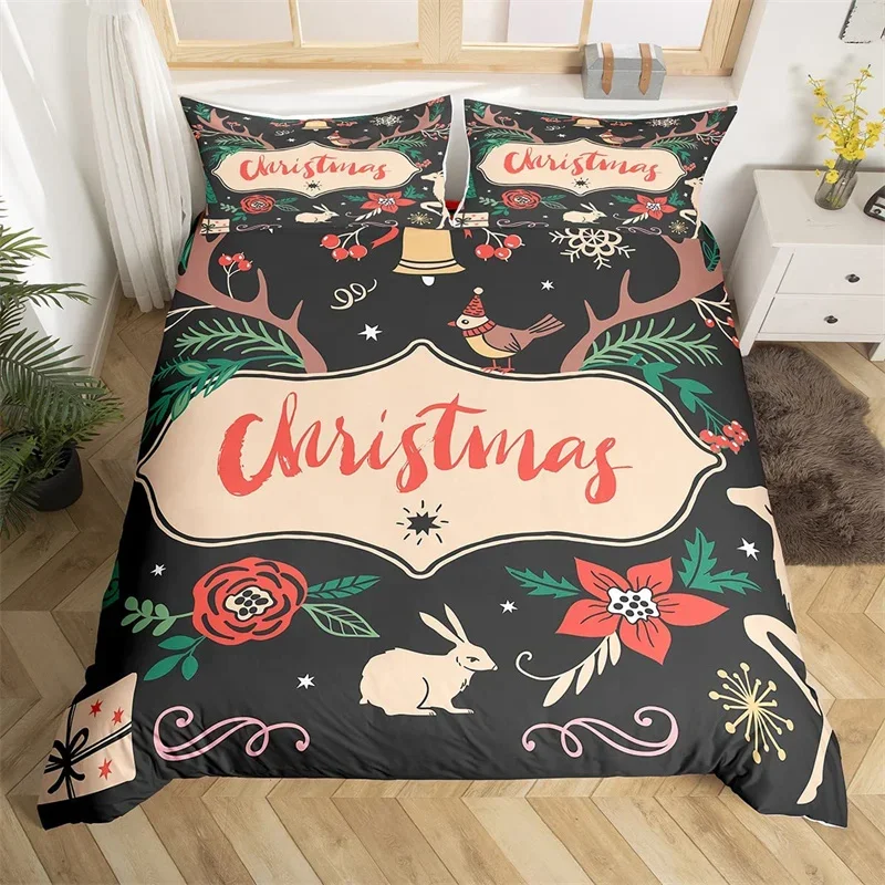 

Merry Christmas Duvet Cover Cartoon Rabbit Bedding Set Reindeer Antler Quilt Cover Polyester Flowers Queen Bed Set New Year Gift
