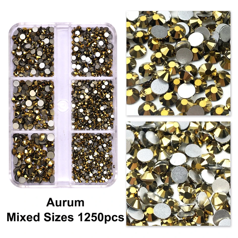 

6 Grids/Box Mixed Sizes Nail Rhinestones Aurum Color Non Hotfix Flatback Nails Accessories for DIY Design Nail Art Decoration