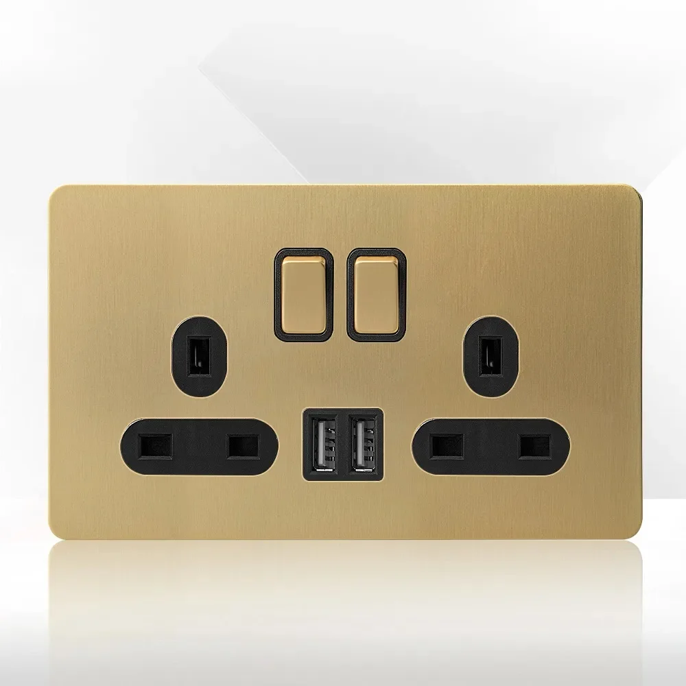 

High-quality Gold Stainless Steel Brushed Panel British Personalized Wall Button Switch UK Socket