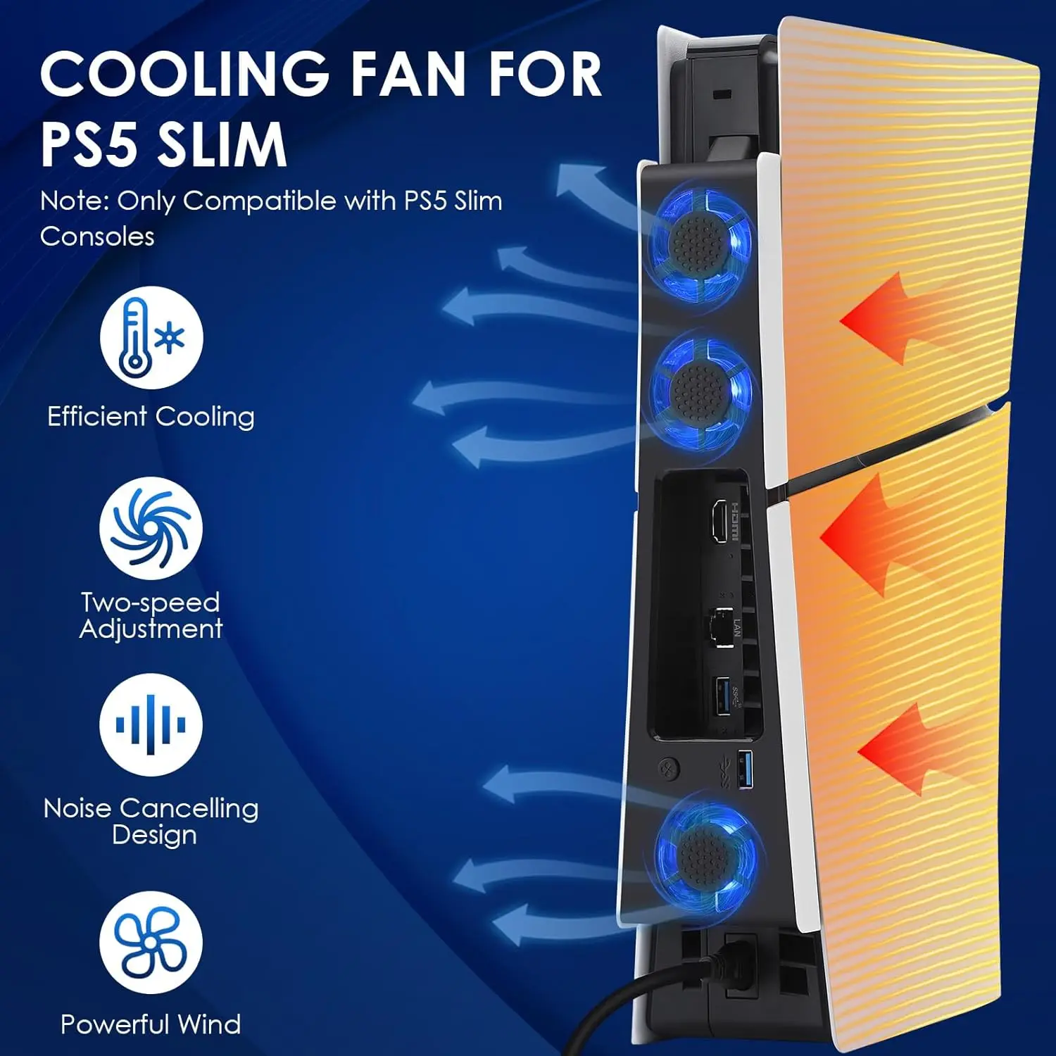 조명이 있는 조용한 냉각 선풍기 스테이션, PS5 슬림 게임용 액세서리, USB 3.0 허브 포트 냉각 시스템