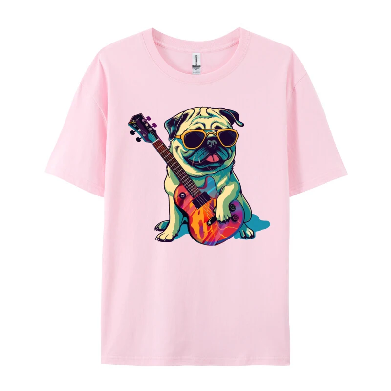T Shirt Design Lovers Day 2024 Newest Casual Short Sleeve All Cotton Round Collar Men T-Shirt Casual Tee-Shirts pug dog with Guitar Austra 1 pink