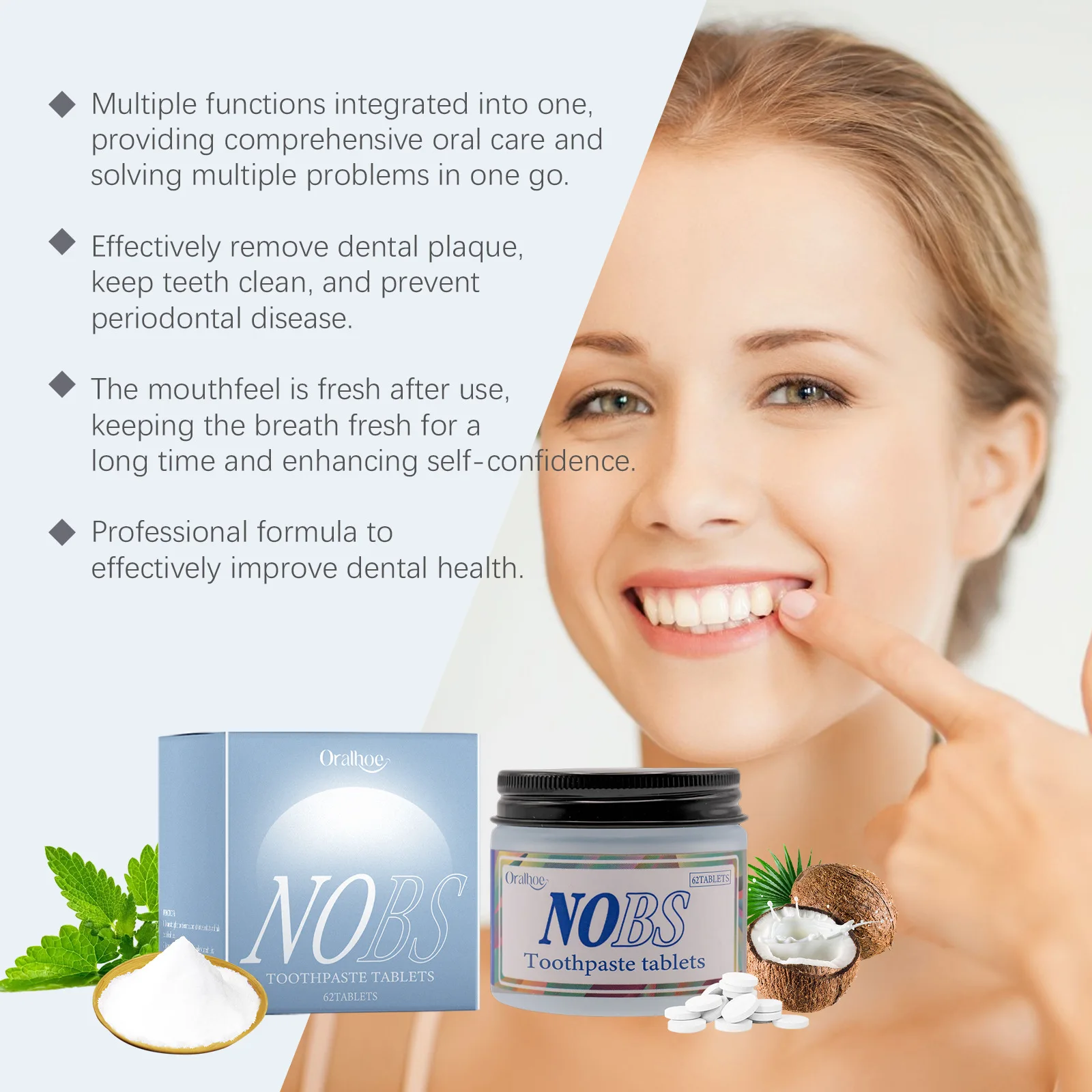 NOBS Toothpaste Tablets Nano Hydroxyapatite Flouride Free Eco & Travel Friendly Remineralize with NHA 1 Month tooth powder,teeth health product