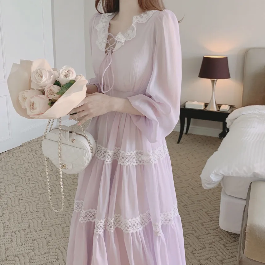 French Vintage Fairy Midi Dresses for Women Lantern Sleeve High Waist V-neck A-line Princess Party Dress Casual Female Vestidos