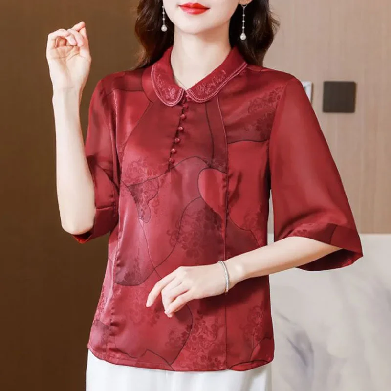 1pcs Women's Blouses tops 2024 Silk Fabric Prints Splicing Chinese Style Peter Pan Collar Primer Shirt Ladies Loose Mom Shirts