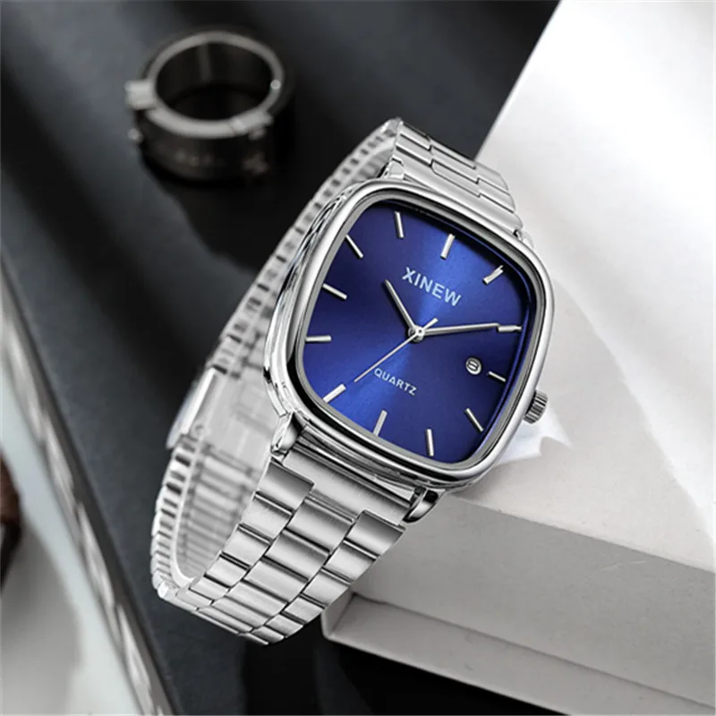Wholesale 5pcs / lot XINEW Brand Men Watches Boys Fashion Stainless Steel Band Date Quartz Watch Black Montre Homme Reloj Hombre