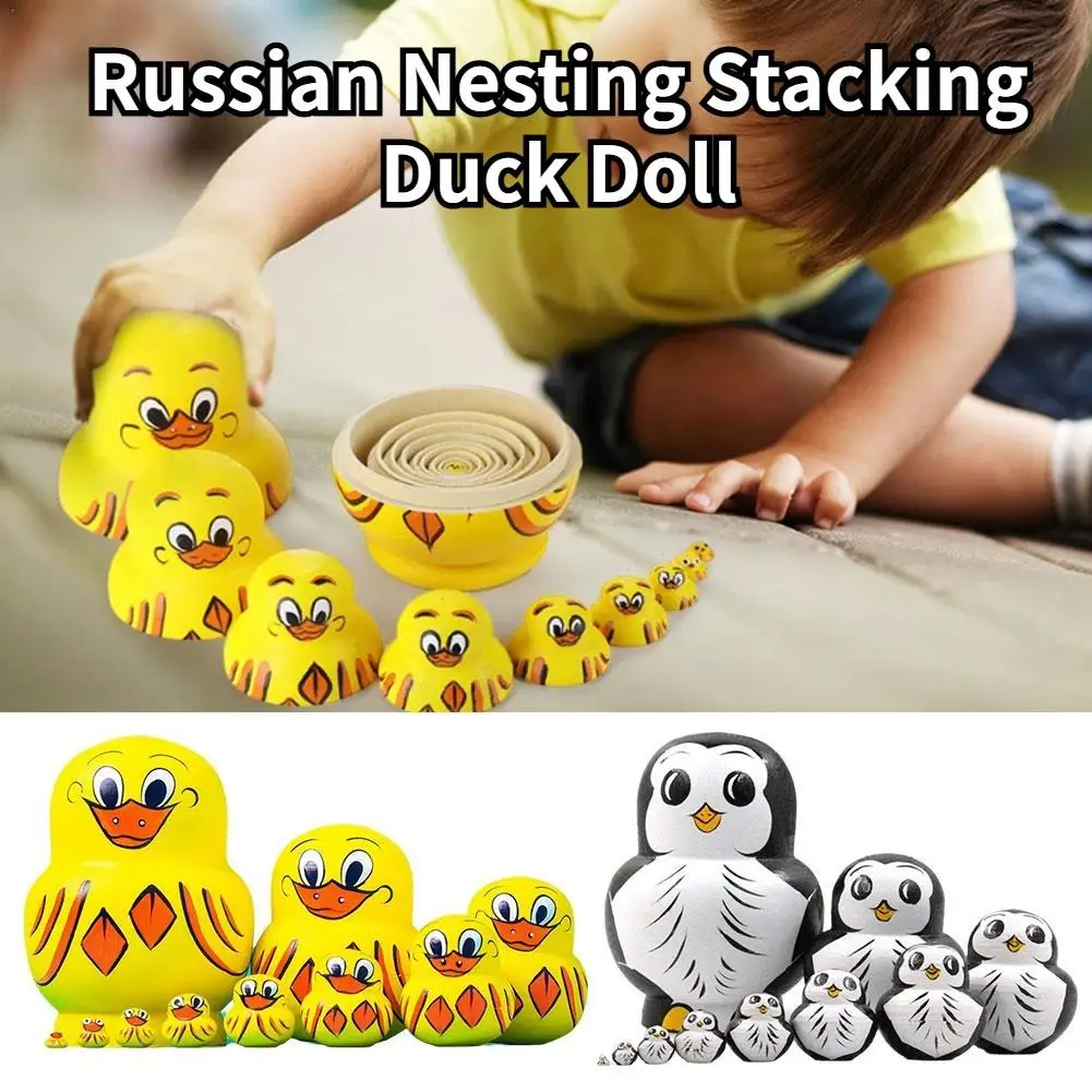 Russian Nesting Stacking Duck Doll 10Pcs Multiple Uses Wooden Duck Models Improve Thinking Skills Toy Russian National Culture