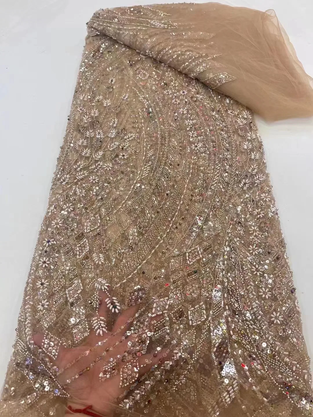 

African Heavy Beaded Lace Fabric 2023 High Quality Nigerian Sequins Beads French Tulle Lace Fabric Material For Wedding