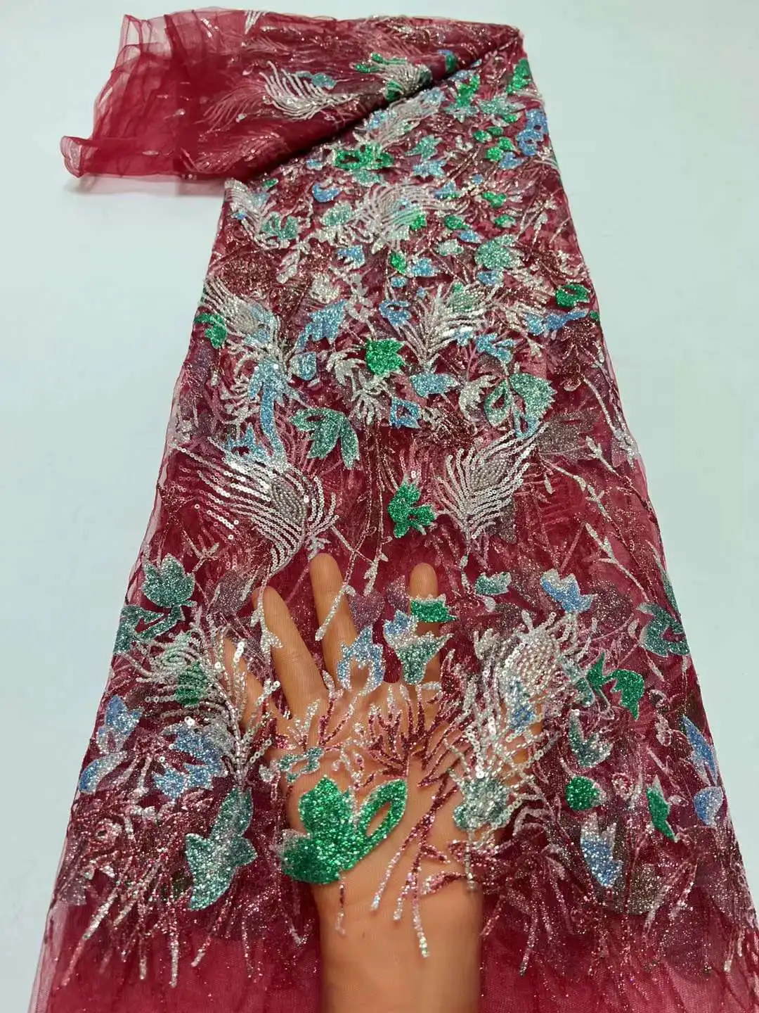 

Luxury African Red Beads Lace Fabric 2023 High Quality Nigerian Sequins French Tulle Fabric Material For Wedding Party