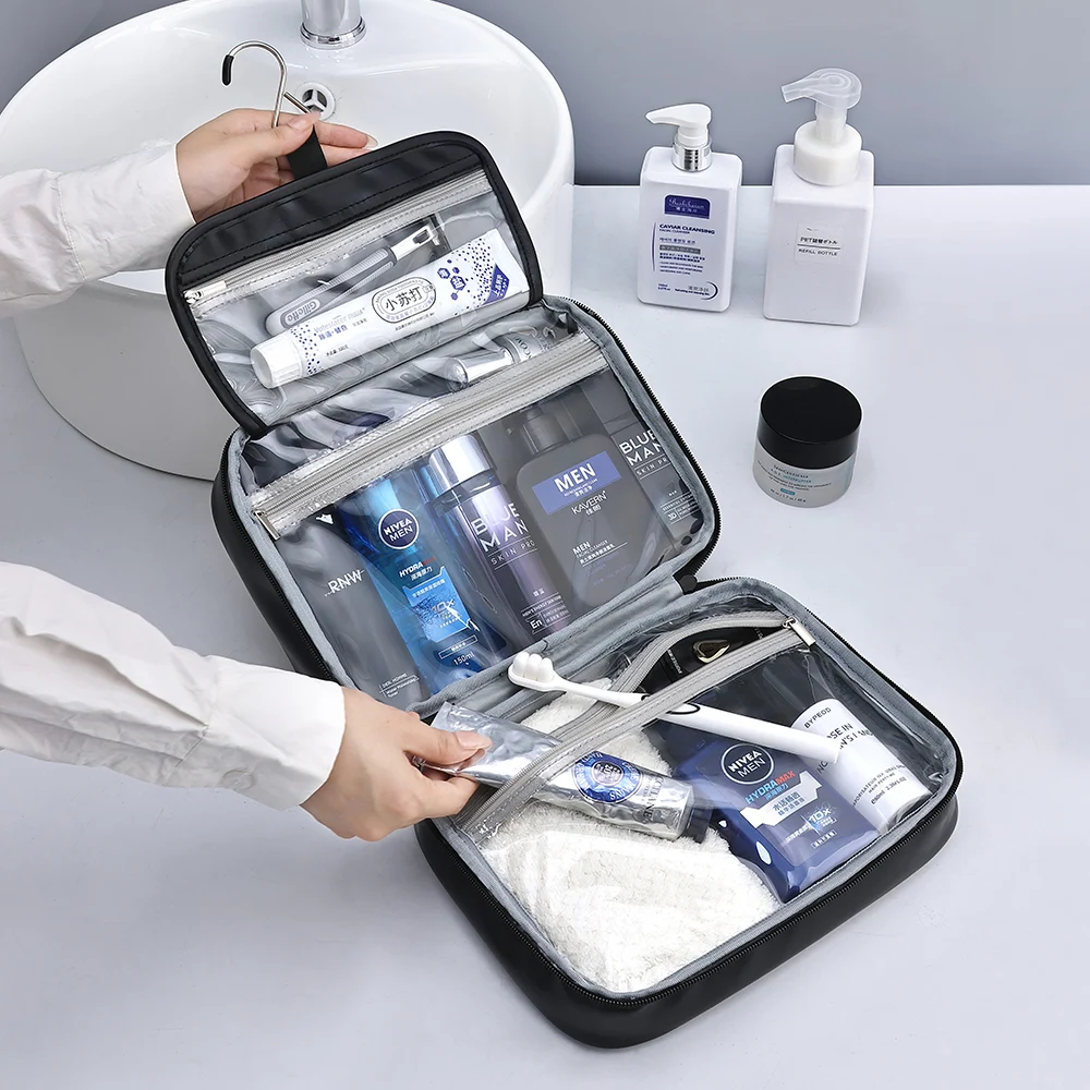Zipper PU Leather Men Business Portable Storage Bag Toiletries Organizer Women Travel Cosmetic Bag Hanging Waterproof Wash Pouch 3