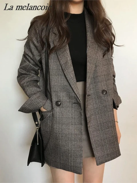 Fall 2022 women blazer jacket ladies tops office wear women korean plaid  blazer vintage orange long