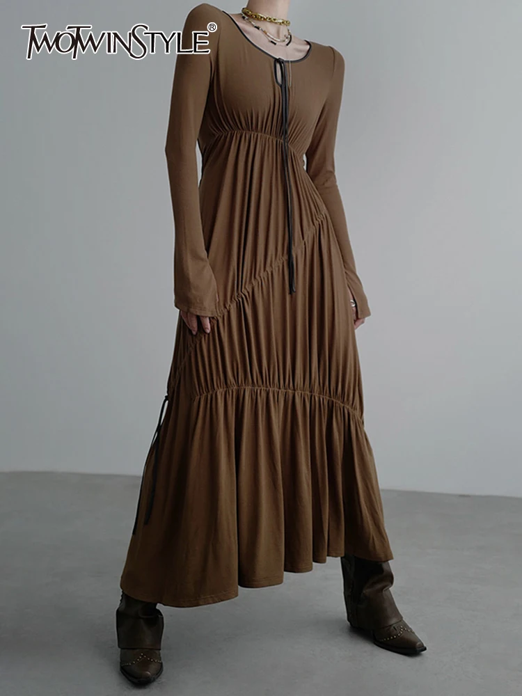 

TWOTWINSTYLE Solid Patchwork Folds Slimming Dresses For Women V Neck Long Sleeve High Waist Knitting Dress Female Fashion New